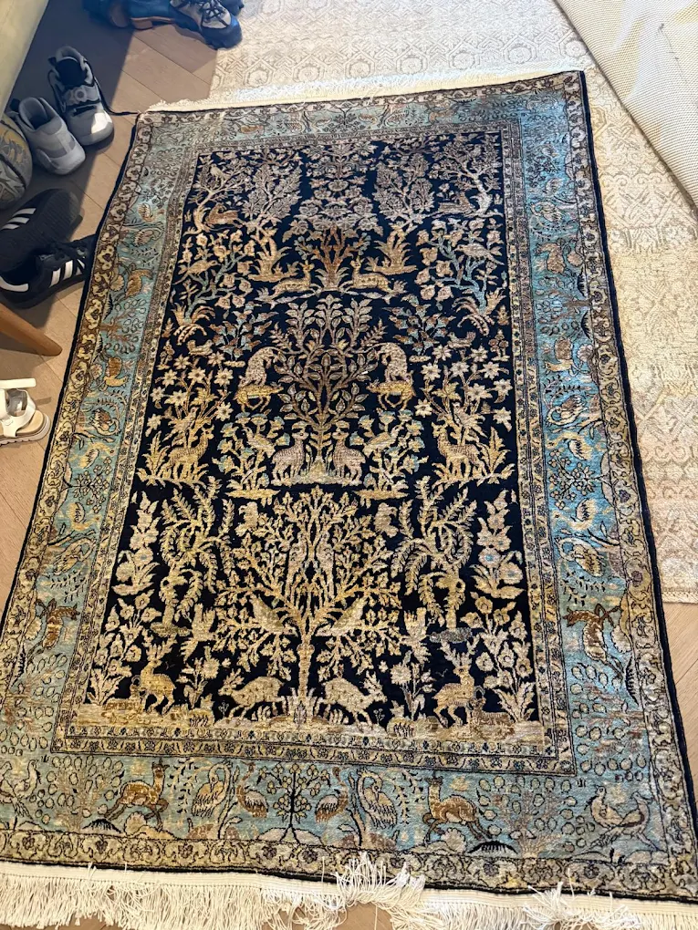 Fine hand-knotted rug with a blue border lying flat on a wood floor in an apartment